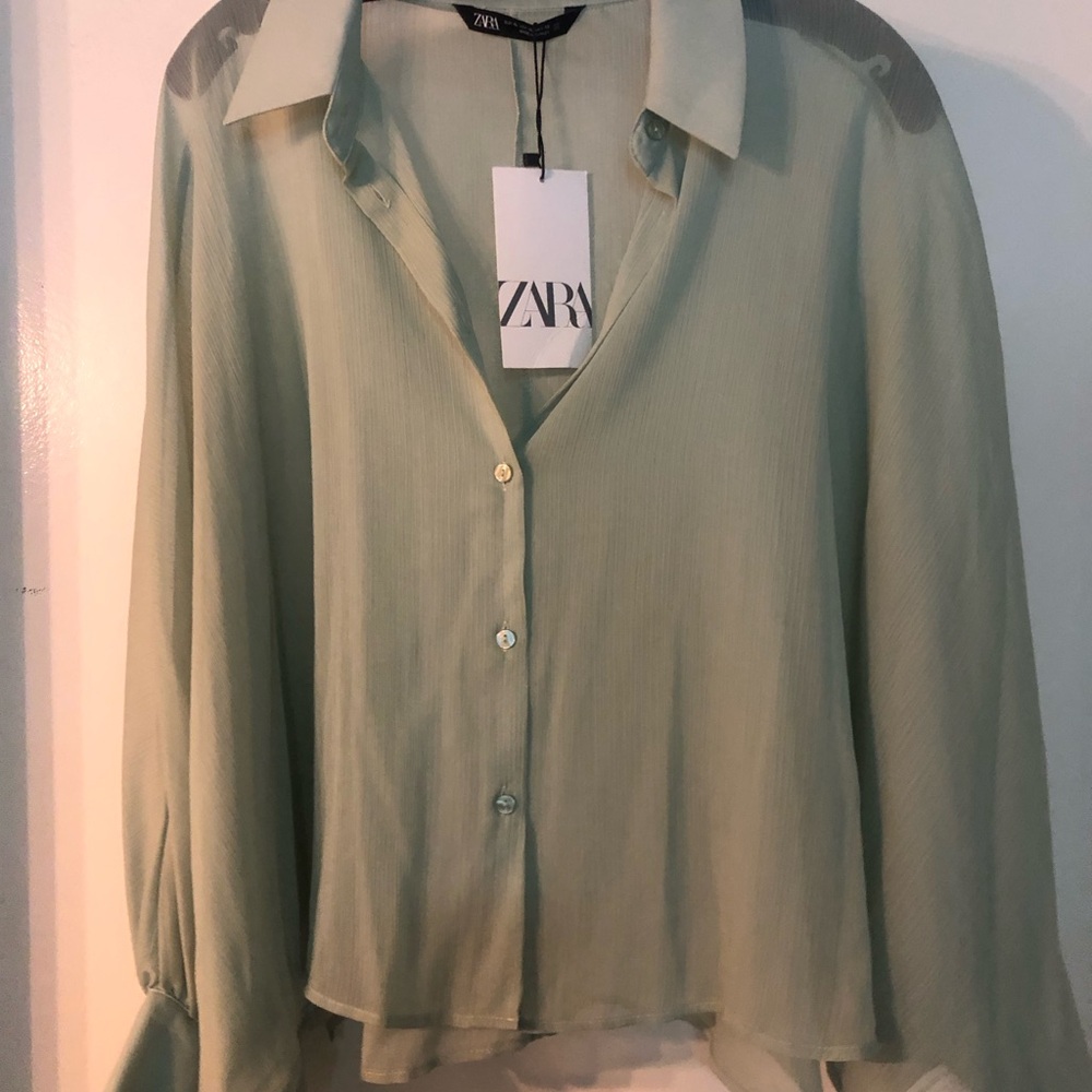 Zara sheer mint button crop shirt NWT